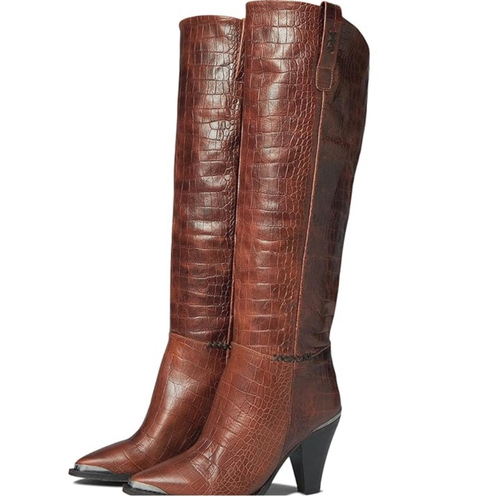 Free People Stevie Brown Leather Pointed Toe Western Style Knee High Boot 38.5